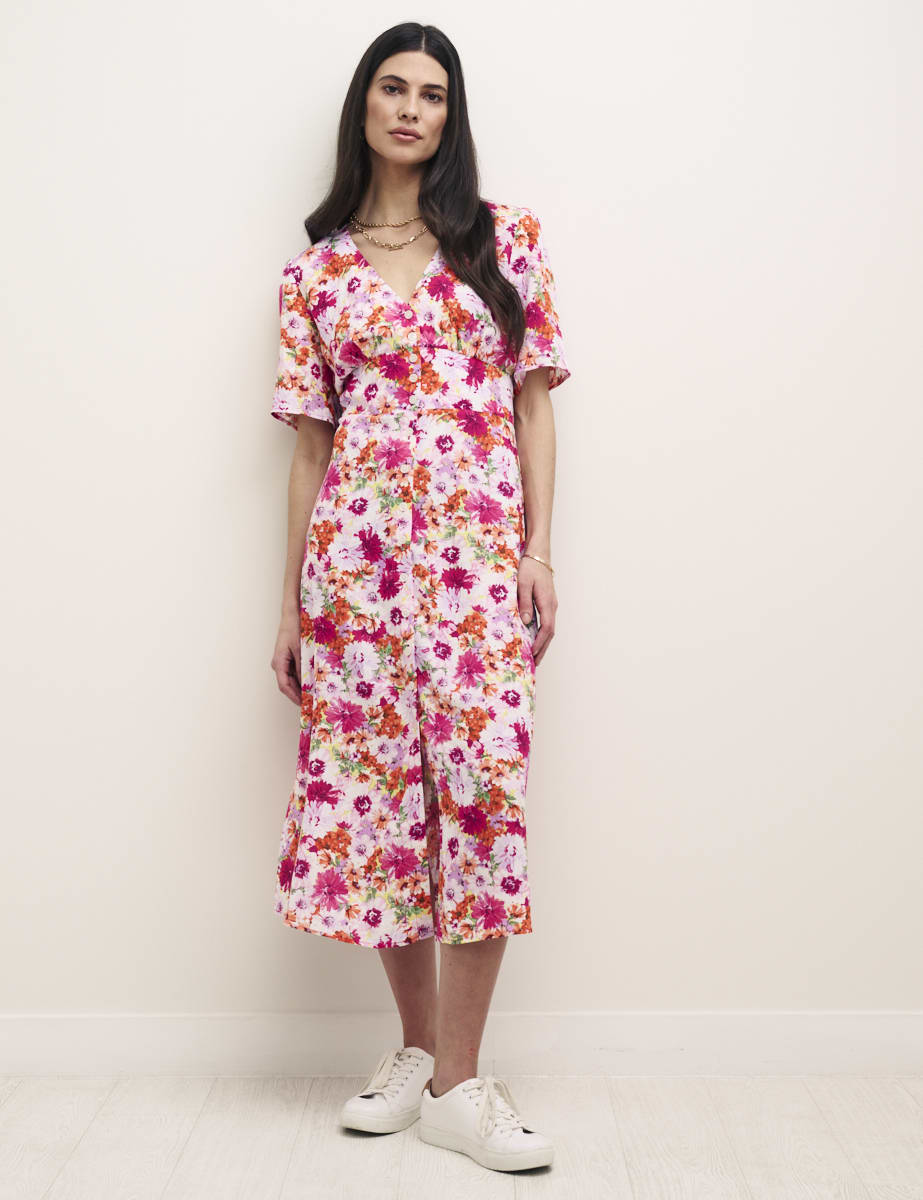 Petite Pink Floral Alexa Midi with Shirring Dress