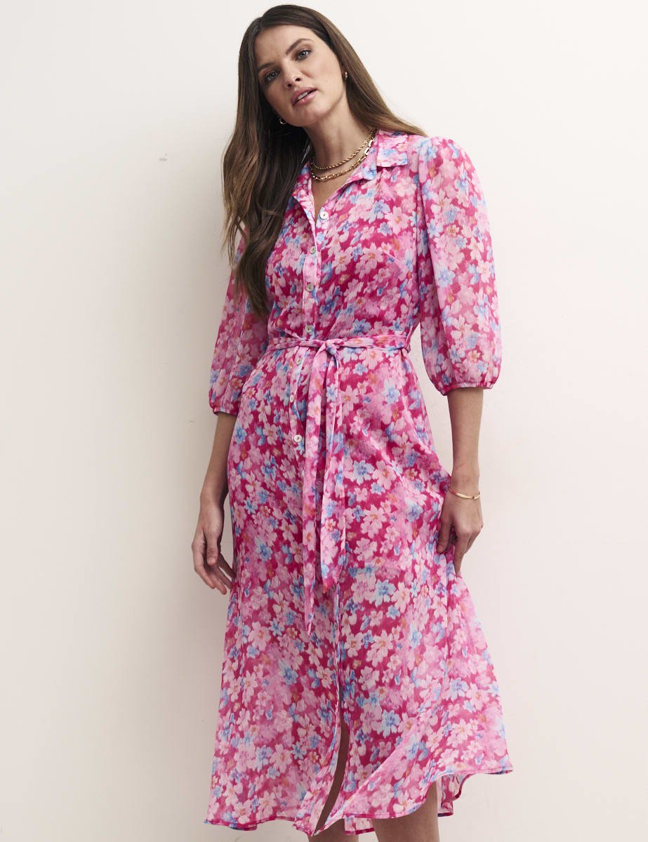 Pink Floral Malika Midi Shirt Dress