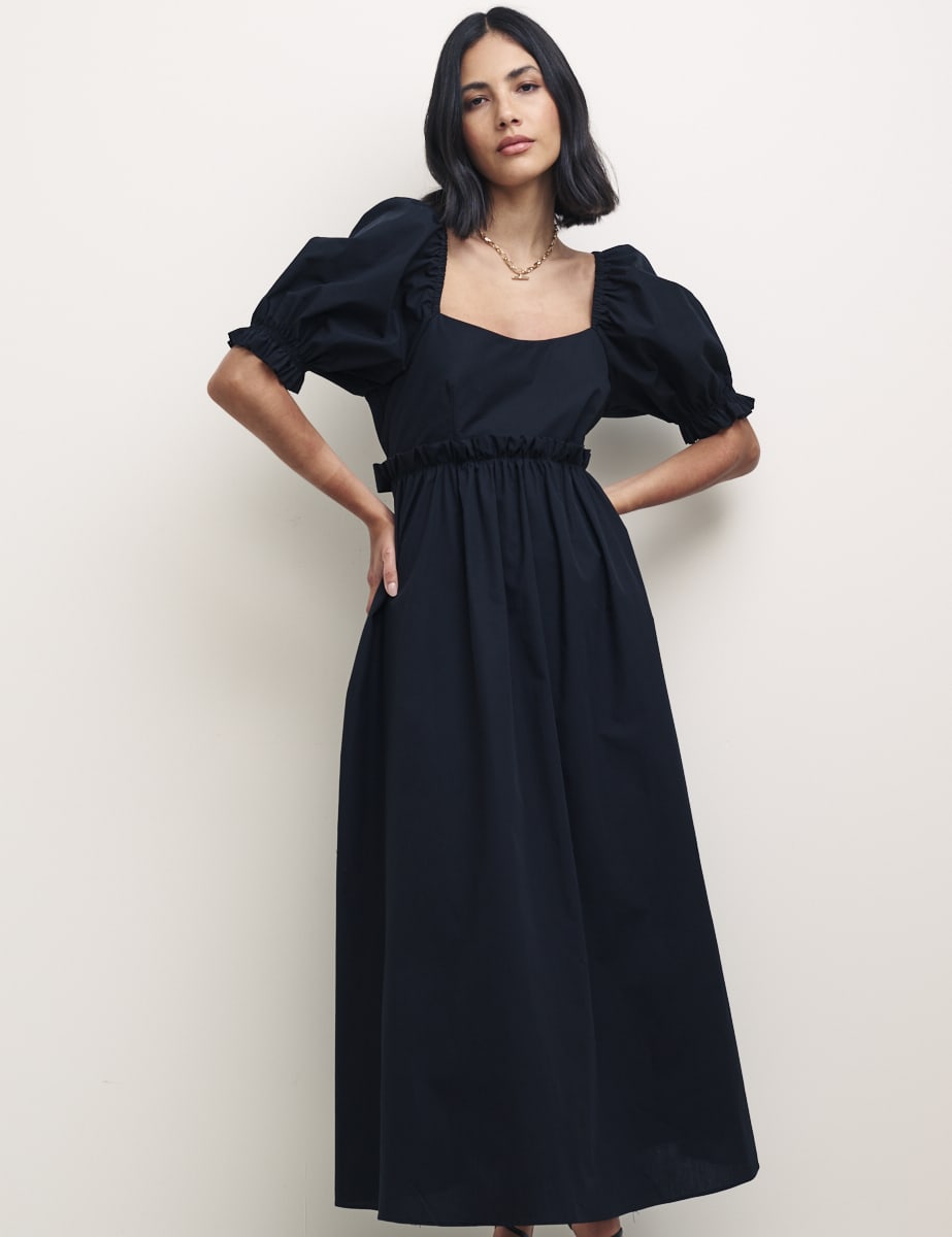 Black Puff Sleeve Ginger Midi Dress