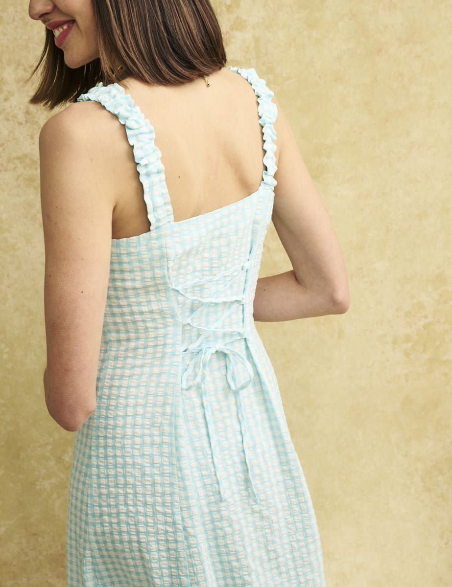 Blue checked Sweetheart Gill Midi Dress