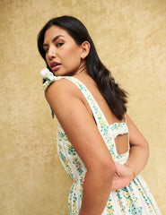 White Floral Stripe Tie Shoulder Dottie Midi Dress