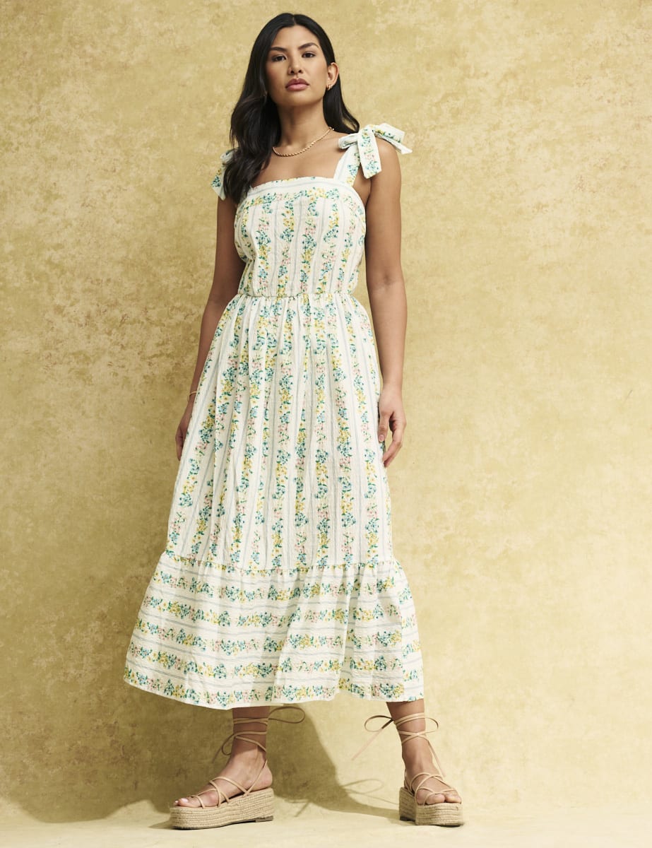 White Floral Stripe Tie Shoulder Dottie Midi Dress