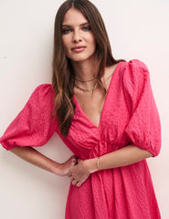 Pink V-Neck Puff Sleeve Amy Midi Dress