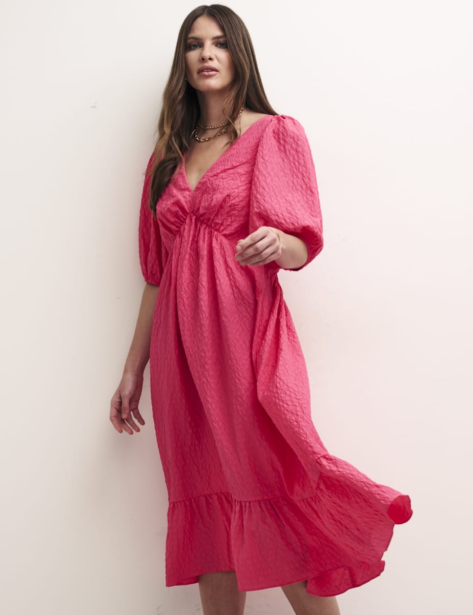 Pink V-Neck Puff Sleeve Amy Midi Dress