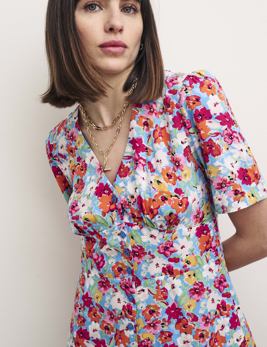 Blue Ditsy Floral Alexa Mini with Shirring Tea Dress