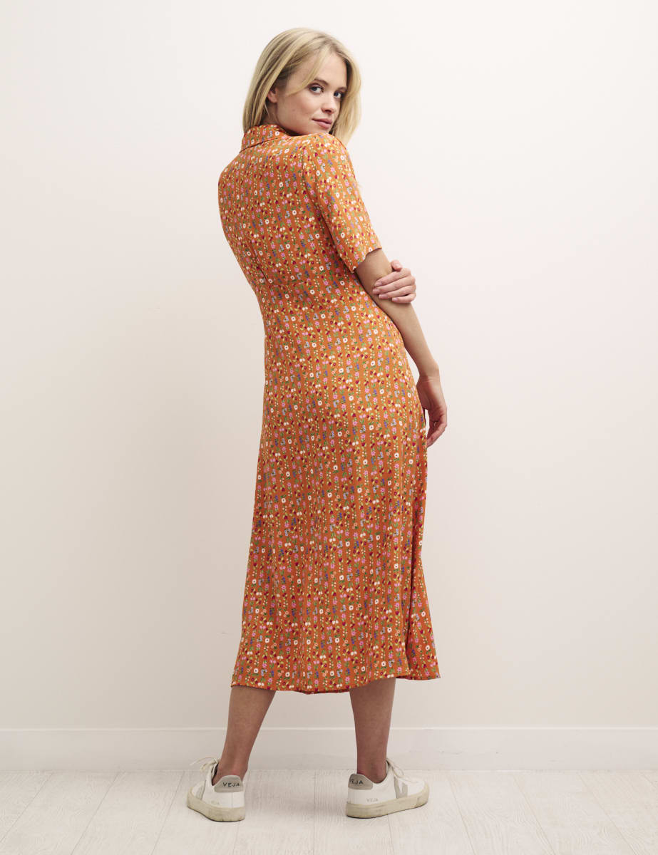Orange Pinstripe Floral Daisy Midi Dress