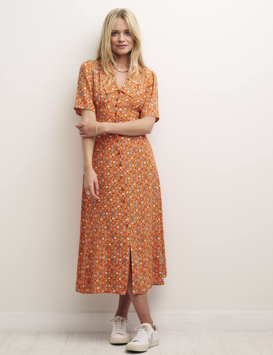 Orange Pinstripe Floral Daisy Midi Dress