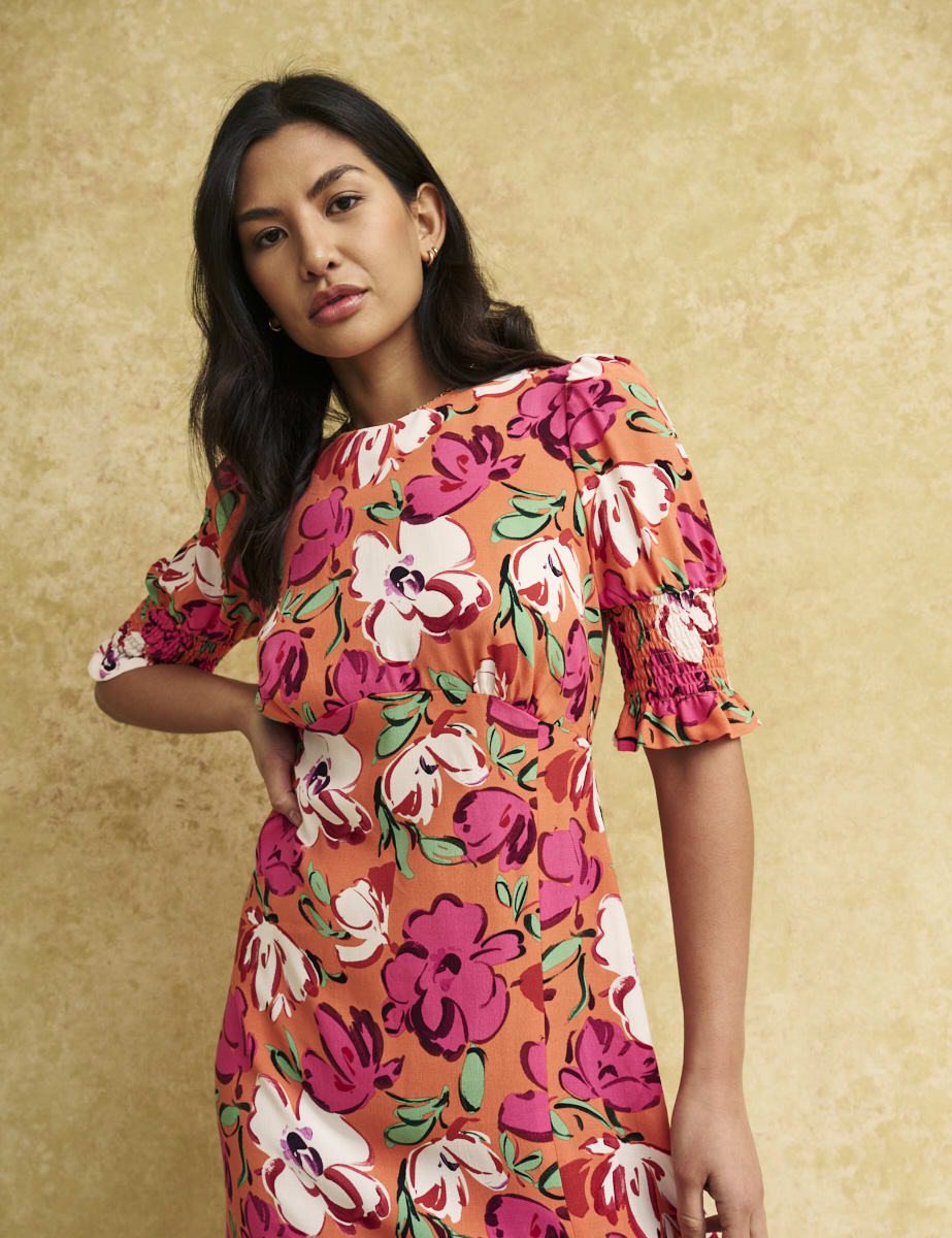 Orange Big Floral Luna Midi Dress