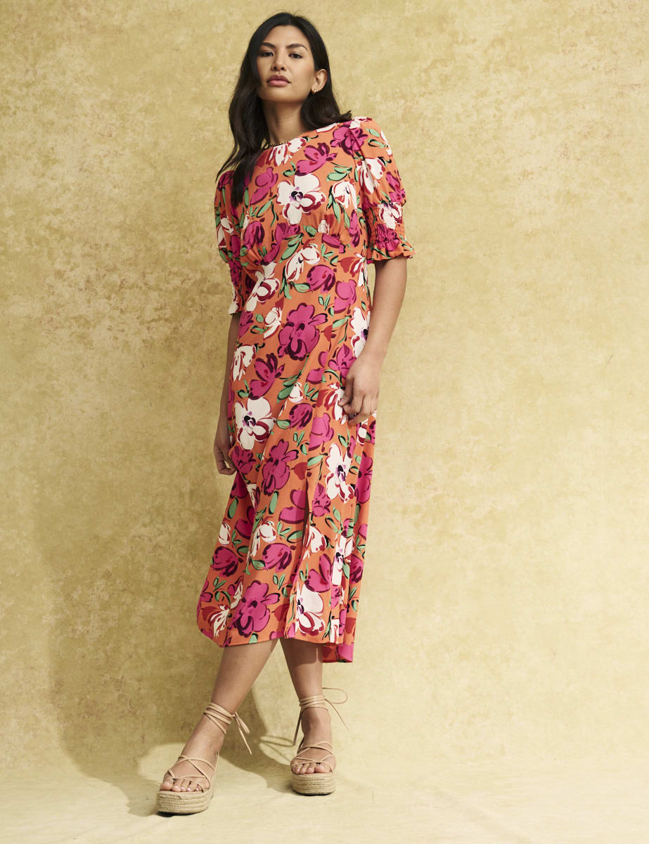 Orange Big Floral Luna Midi Dress