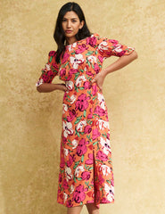 Orange Big Floral Luna Midi Dress
