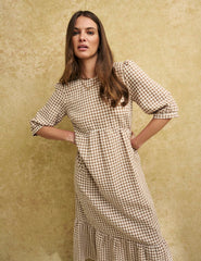 Brown Gingham Check Rachel Smock Midi Dress