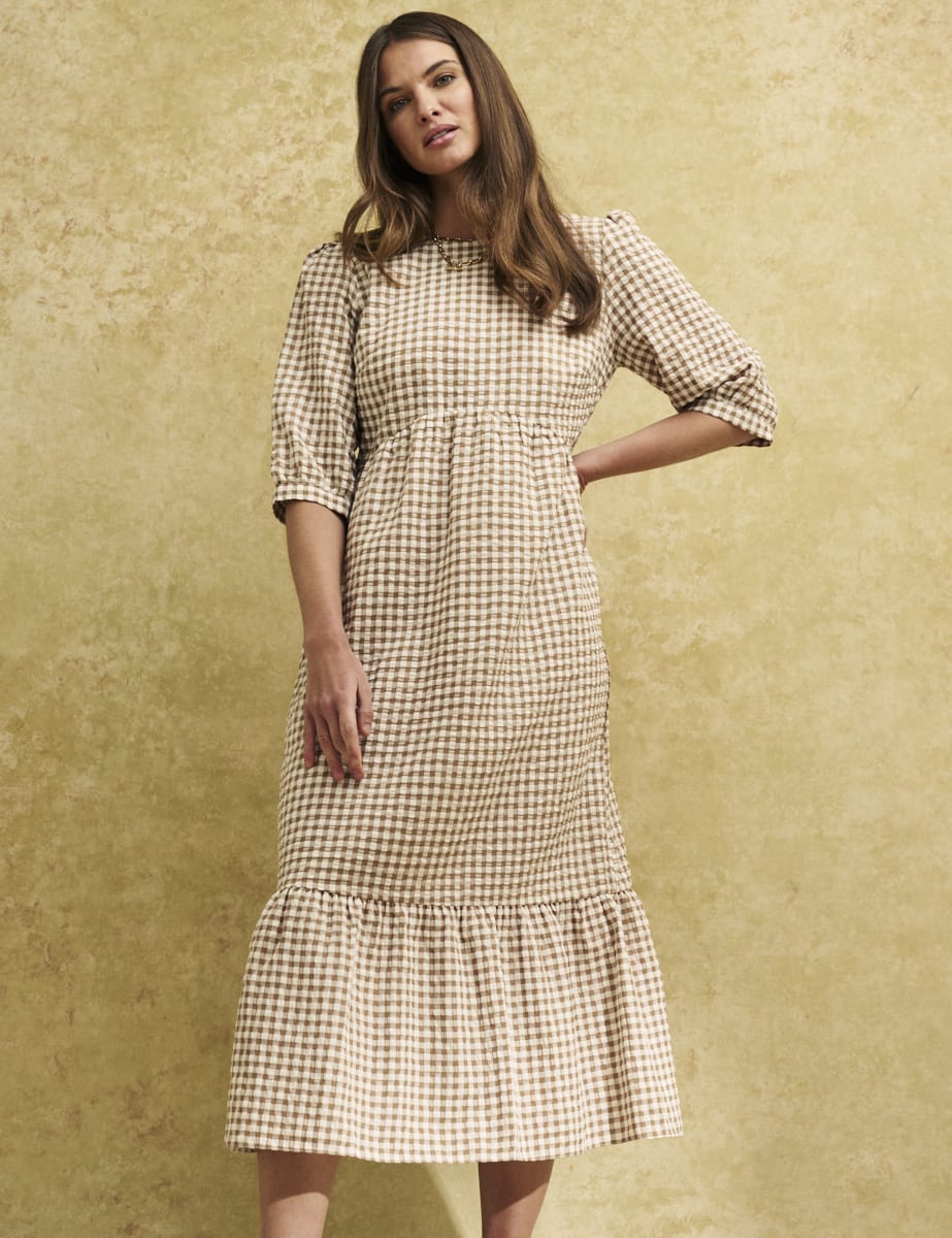 Brown Gingham Check Rachel Smock Midi Dress