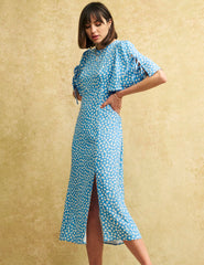 Blue Daisy Floral Flutter Sleeve Elka Midi Dress