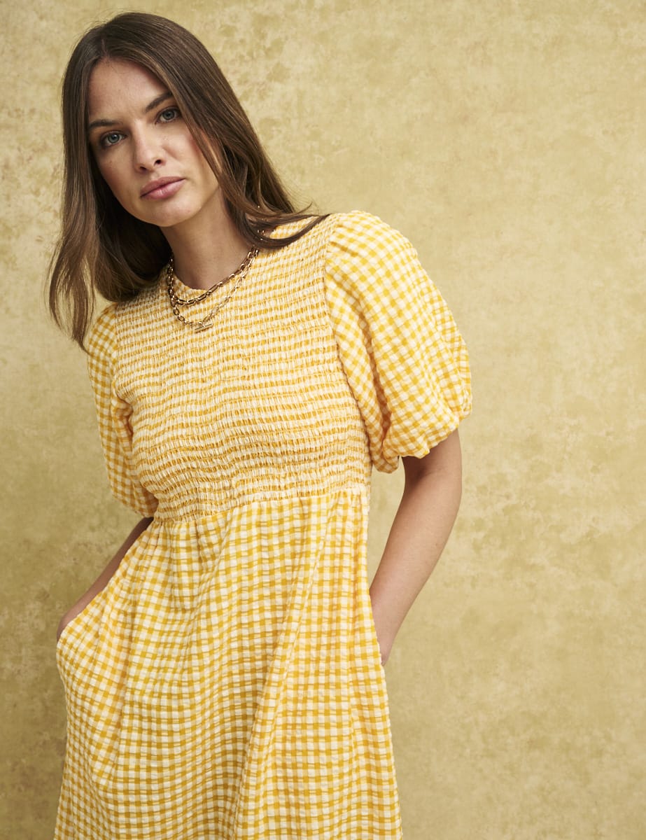 Yellow Gingham Check Kelsie Smock Midi Dress