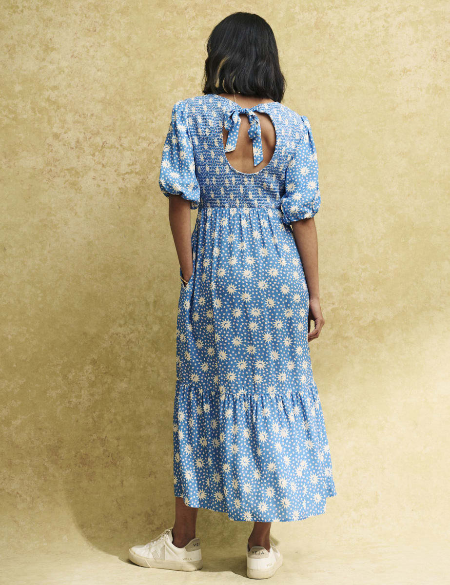 Blue Sun Print Kelsie Midi Smock Dress