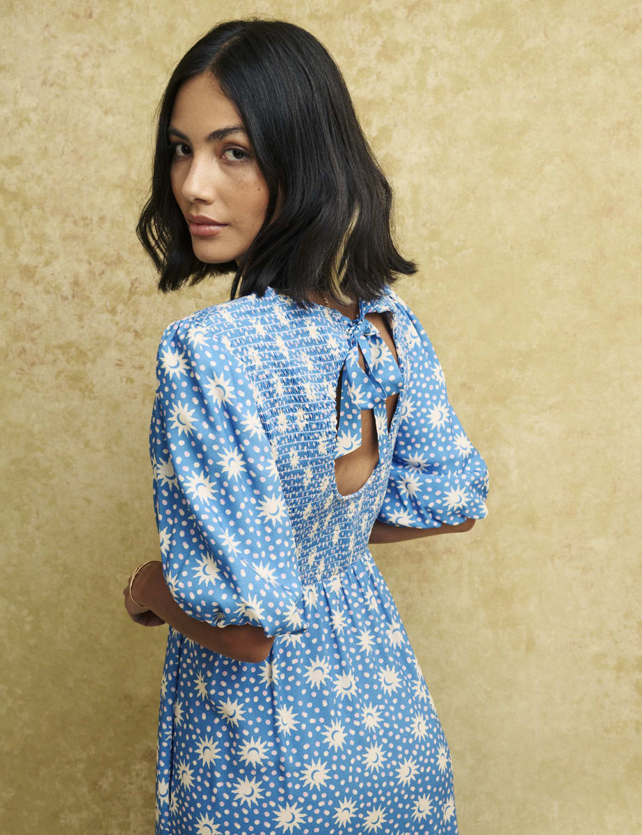 Blue Sun Print Kelsie Midi Smock Dress