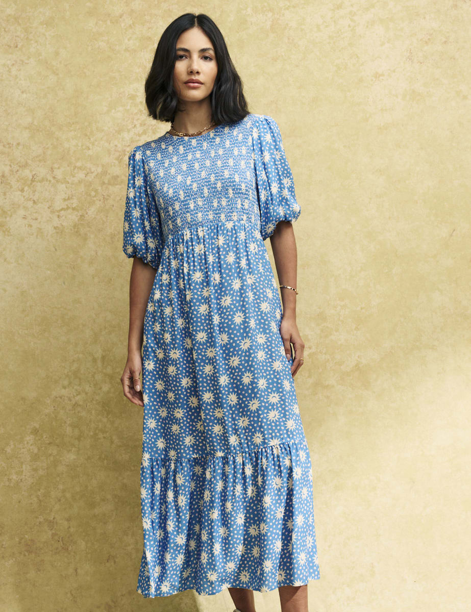 Blue Sun Print Kelsie Midi Smock Dress