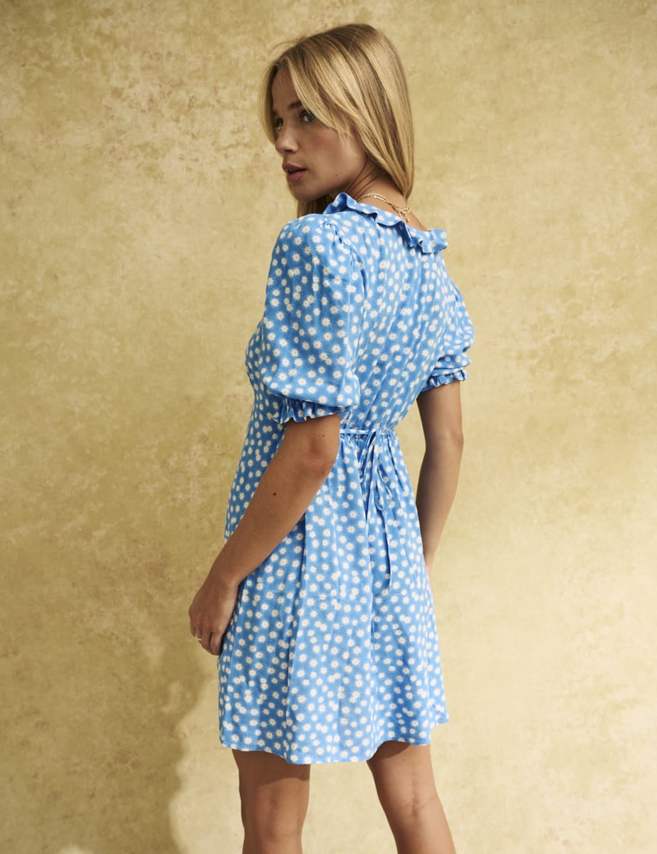 Blue Ditsy Floral Frill Neck Jamie Mini Dress