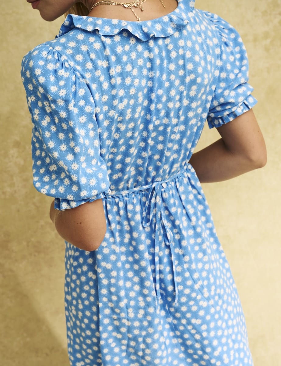 Blue Ditsy Floral Frill Neck Jamie Mini Dress