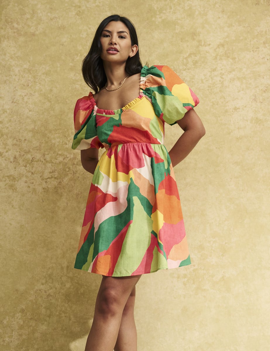 Multi Abstract Puff Sleeve Andie Mini Dress