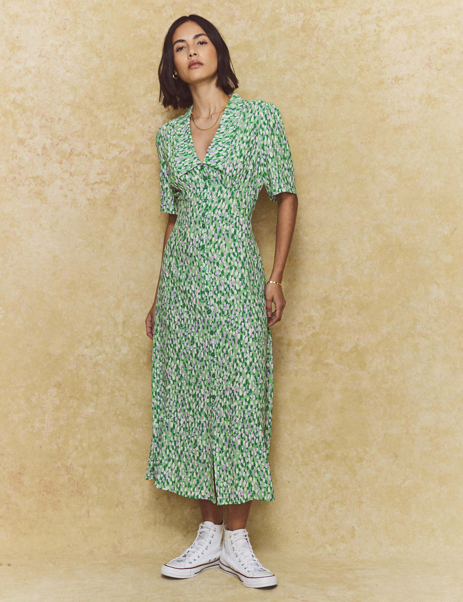 Green Brushstroke Daisy Midi Dress