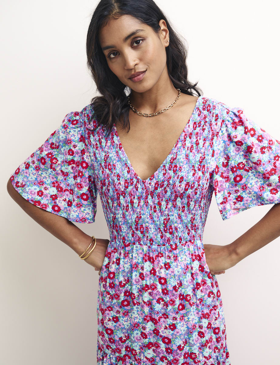 Blue Floral Shirred V-Neck May Midi Dress