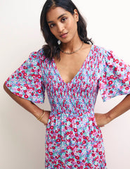 Blue Floral Shirred V-Neck May Midi Dress
