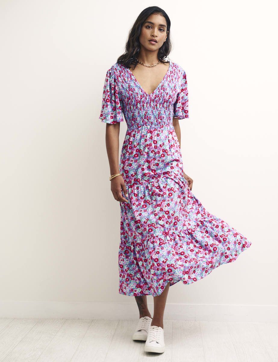 Blue Floral Shirred V-Neck May Midi Dress