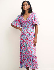 Blue Floral Shirred V-Neck May Midi Dress