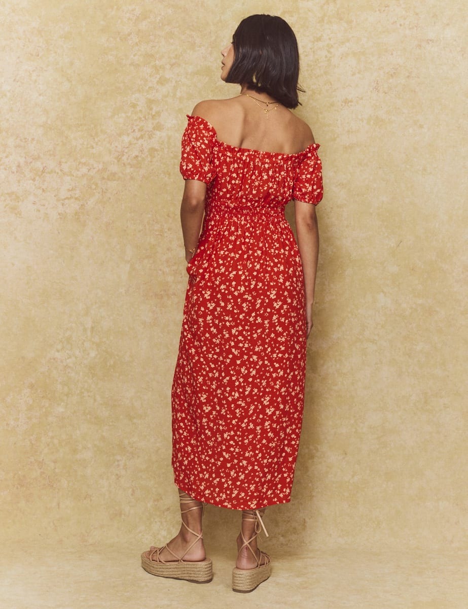Red Ditsy Floral Bardot Genevieve Midi Dress