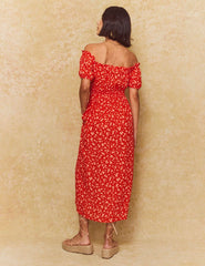 Red Ditsy Floral Bardot Genevieve Midi Dress