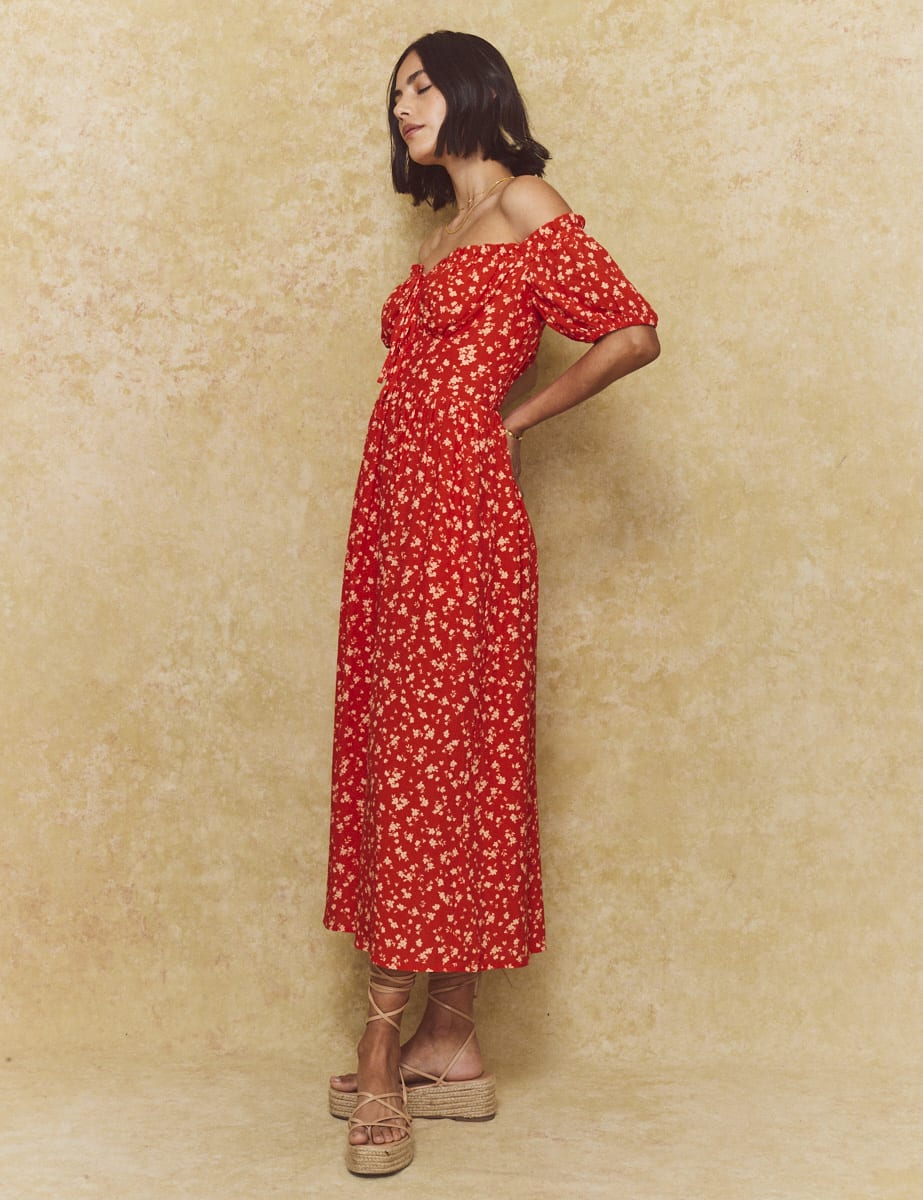 Red Ditsy Floral Bardot Genevieve Midi Dress