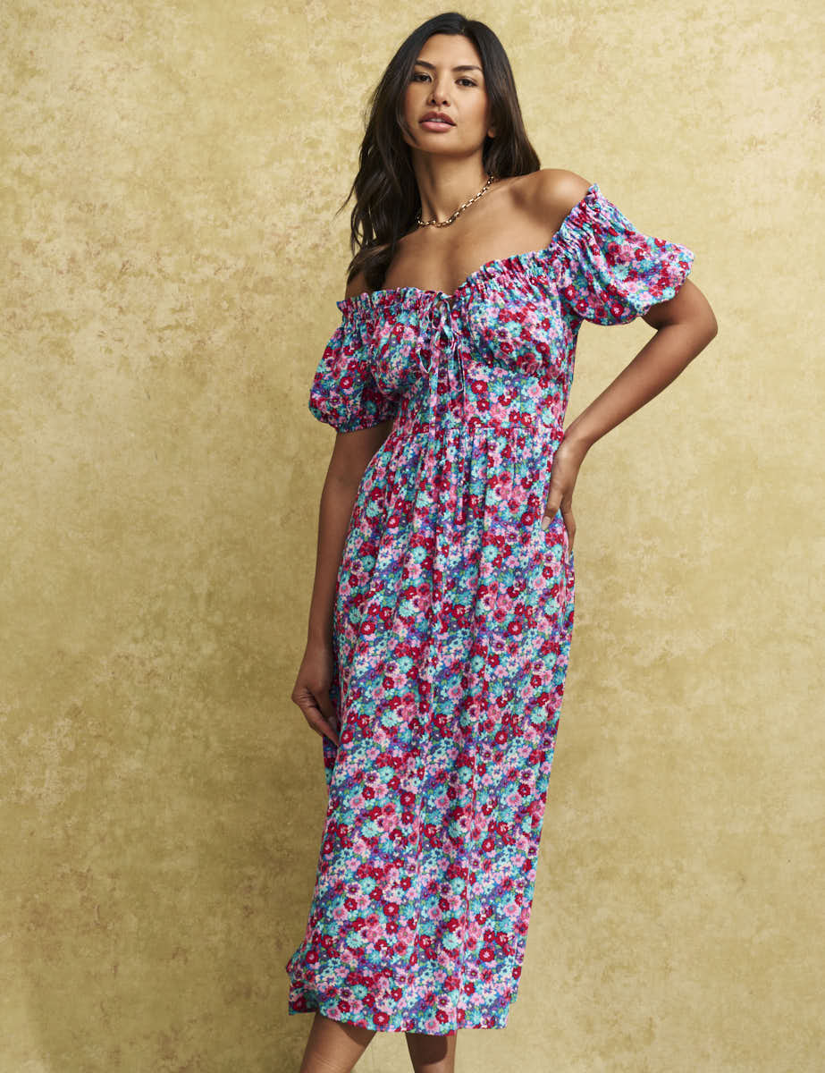 Pink and Blue Floral Bardot Genevieve Midi Dress