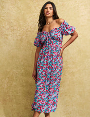 Pink and Blue Floral Bardot Genevieve Midi Dress
