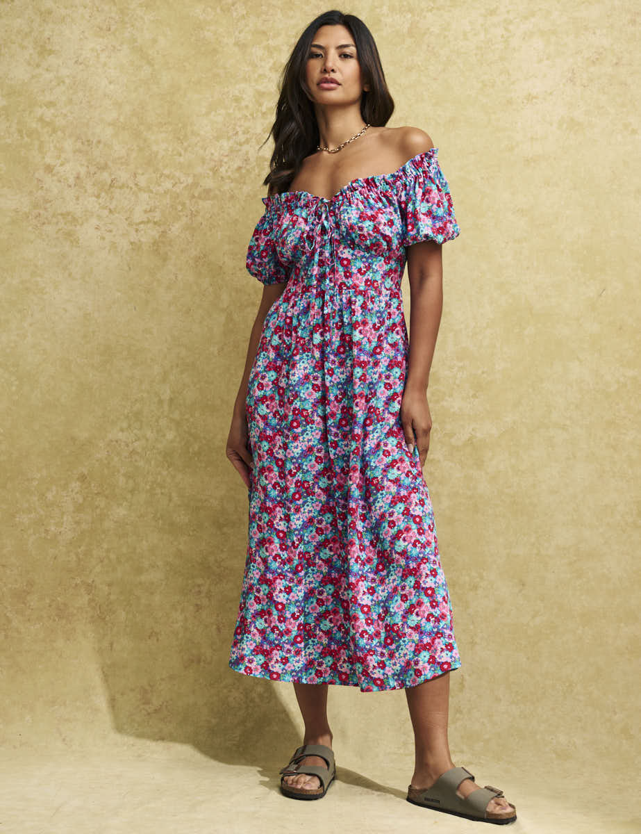Pink and Blue Floral Bardot Genevieve Midi Dress