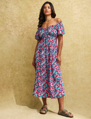Pink and Blue Floral Bardot Genevieve Midi Dress