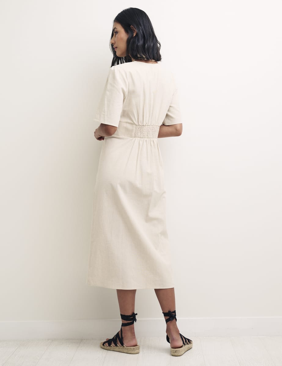 Cream Linen-blend Alexa Midi with Shirring Dress