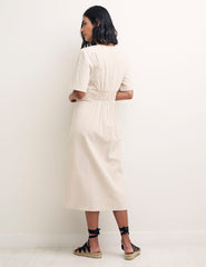 Cream Linen-blend Alexa Midi with Shirring Dress