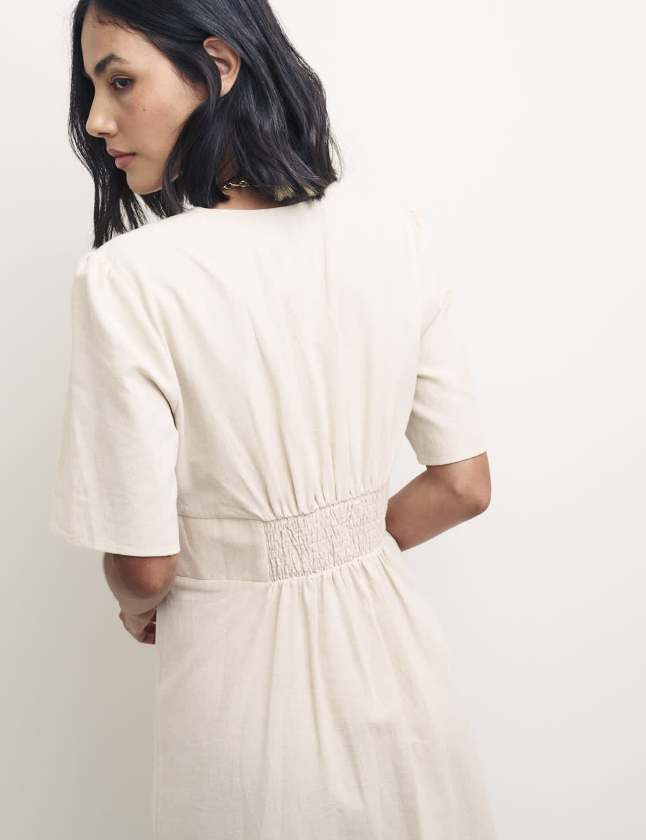 Cream Linen-blend Alexa Midi with Shirring Dress