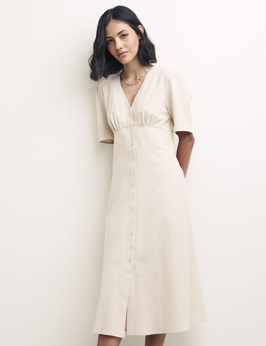 Cream Linen-blend Alexa Midi with Shirring Dress