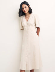 Cream Linen-blend Alexa Midi with Shirring Dress