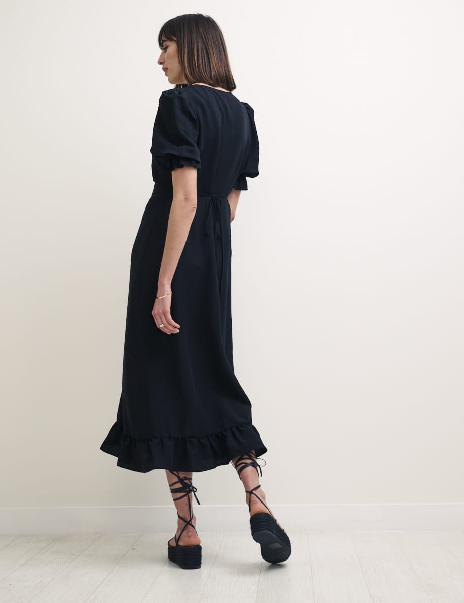 Black Linen-blend Puff Sleeve Delilah Midi Dress