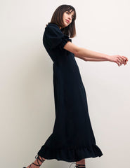 Black Linen-blend Puff Sleeve Delilah Midi Dress