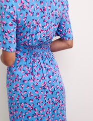 Strawberry Print Alexa Midi with Shirring Dress