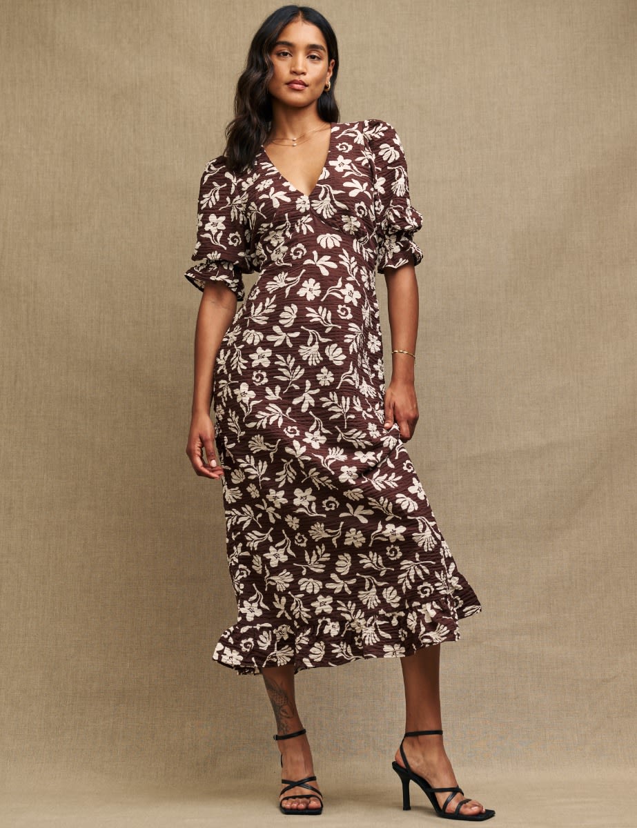 Brown Botanical Print Delilah Midi Tea Dress