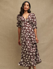 Petite Brown Botanical Print Delilah Midi Tea Dress