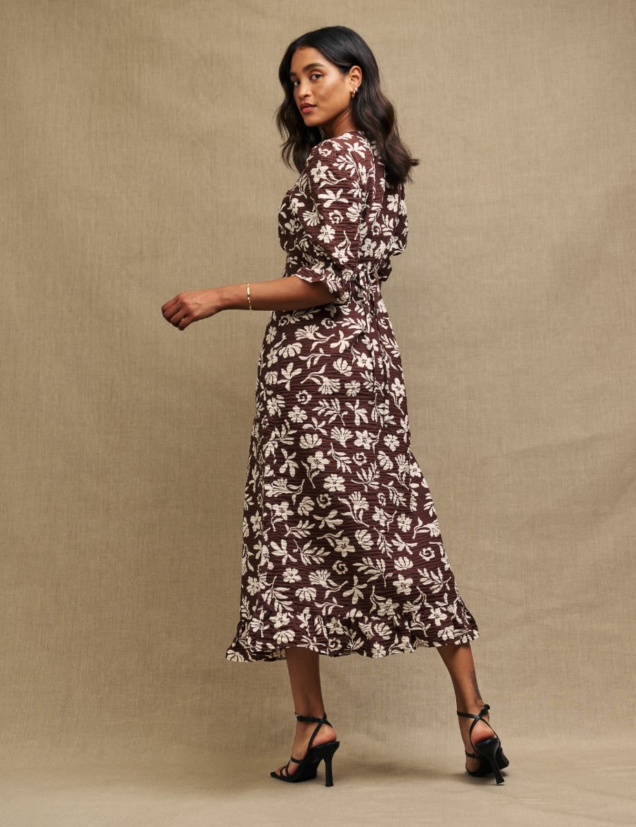 Brown Botanical Print Delilah Midi Tea Dress