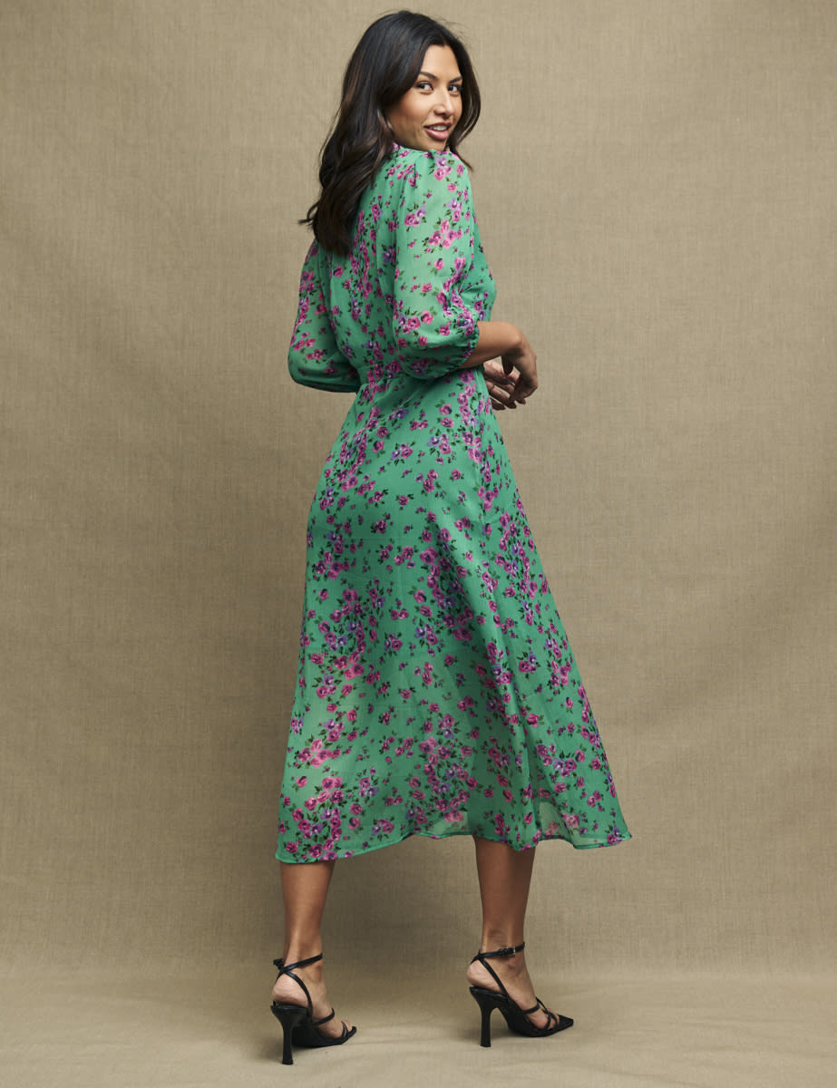Green & Pink Floral Chiffon Malika Midi Dress