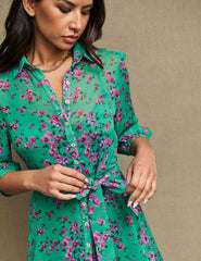 Green & Pink Floral Chiffon Malika Midi Dress