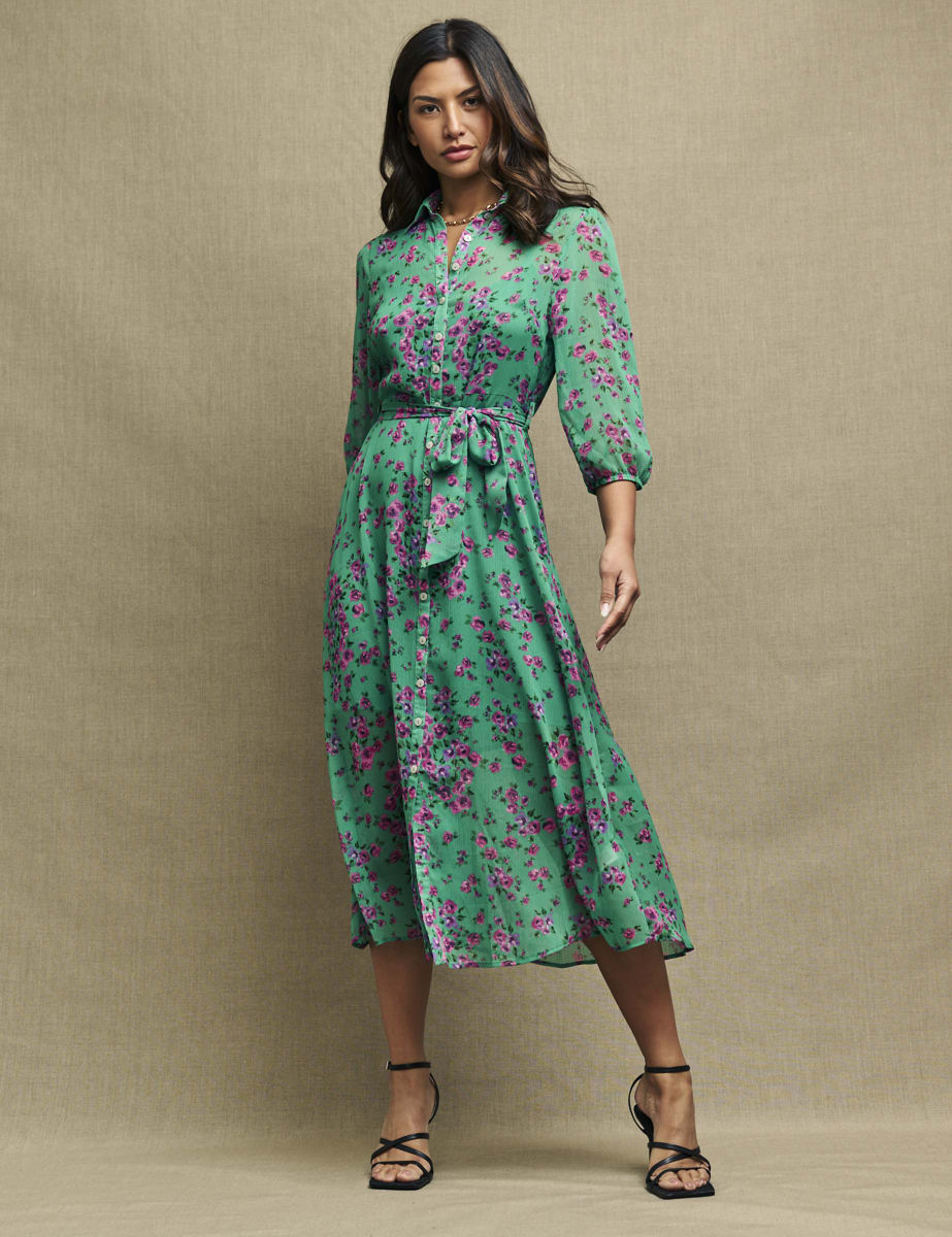 Green & Pink Floral Chiffon Malika Midi Dress